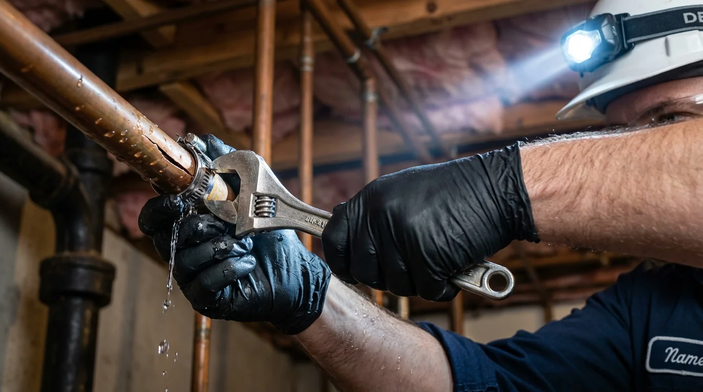 Emergency pipe clamp repair being performed by a Johns Plumbing LLC plumber in Anthony