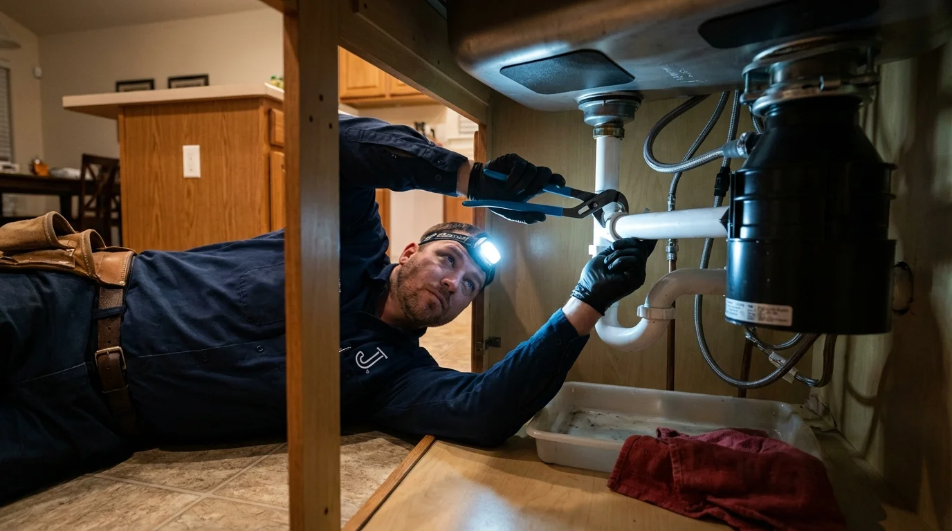 P-trap and supply line connections under a kitchen sink showing a common leak point in Anthony, NM